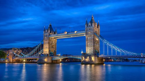 英国伦敦,城市夜晚的河流,泰晤士河,塔桥,蓝色的天空,灯光壁纸
