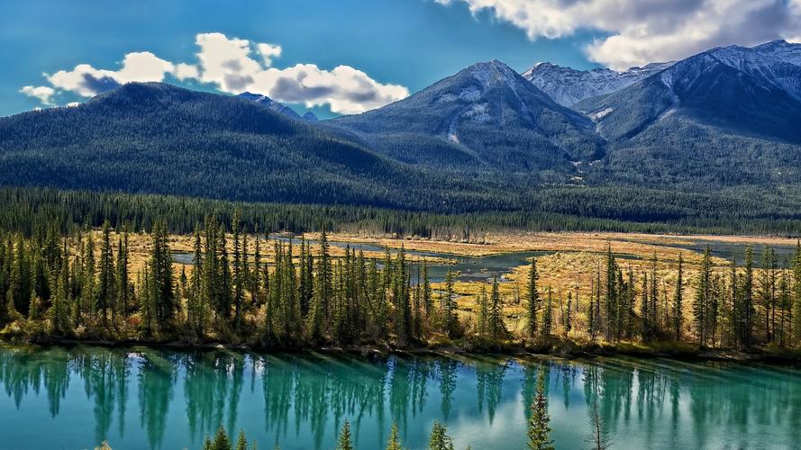 弓河,加拿大阿尔伯塔省,树,山,云 桌布 | 1920x1080 全高清 桌布下载 