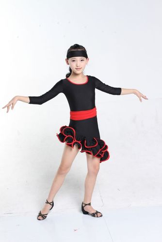 儿童拉丁舞服装演出服 少儿恰恰舞蹈服国标舞 连体卷边拉丁服