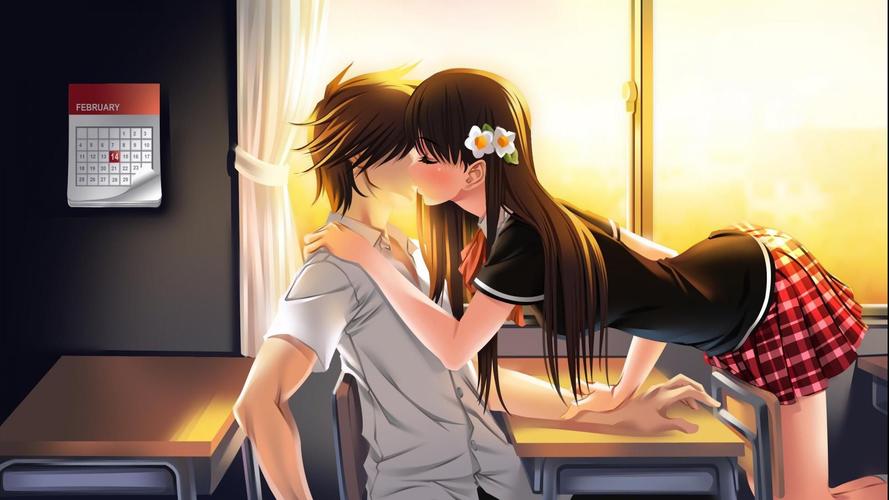 情人节主题动漫甜蜜情侣亲吻高清电脑桌面壁纸