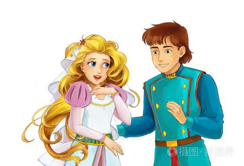 卡通童话人物-皇室夫妇王子和公主刚刚结婚在白色背景-例证为孩子