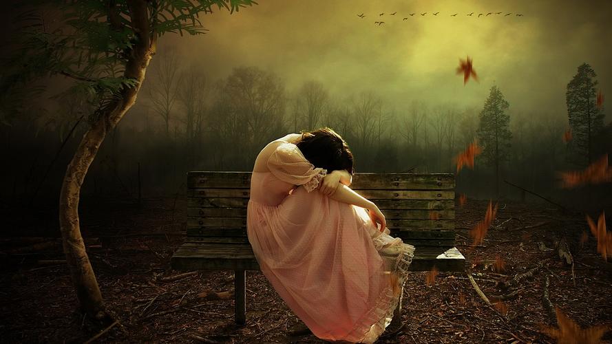 悲伤的女孩,粉红色的裙子,长凳,森林 壁纸