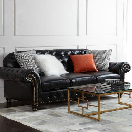 美式简约后现代皮艺拉扣沙发北欧新古典欧式样板房小户型黑皮沙发