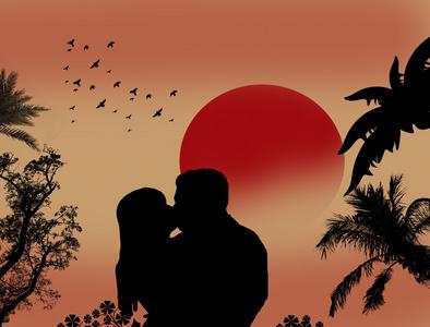 的刻画形象躺在床上接吻的恩爱夫妻在日落时接吻的情侣夫妻一起吃饭