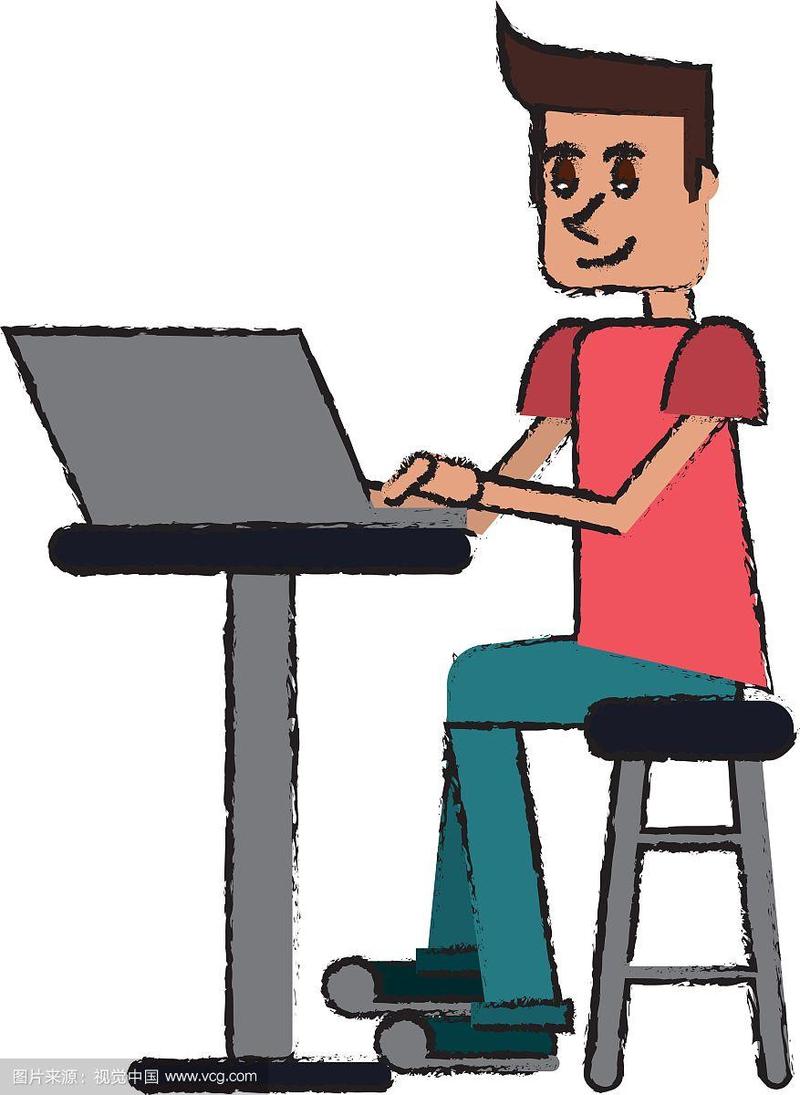 卡通年轻人坐在电脑前工作
