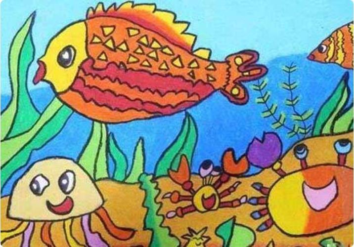 简笔画卡通海底世界儿童画红色的小鱼身上还长着黄色的小花它在海里