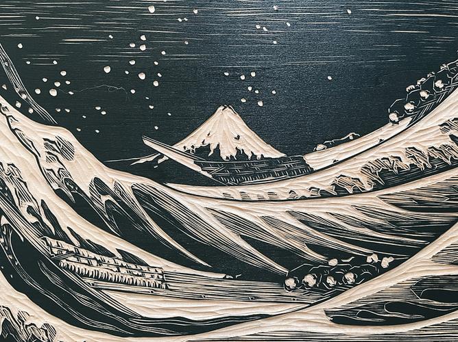 神奈川冲浪里·手工雕刻黑白木刻版画