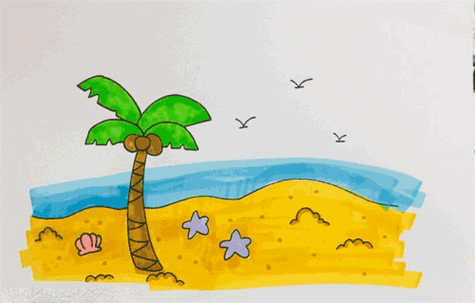 海滩怎么画 - 简单易学的海滩风景简笔画沙滩风景简笔画中班美术简笔