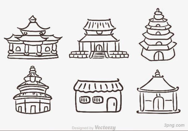 中国古建筑简笔画png素材透明免抠图片卡通手绘