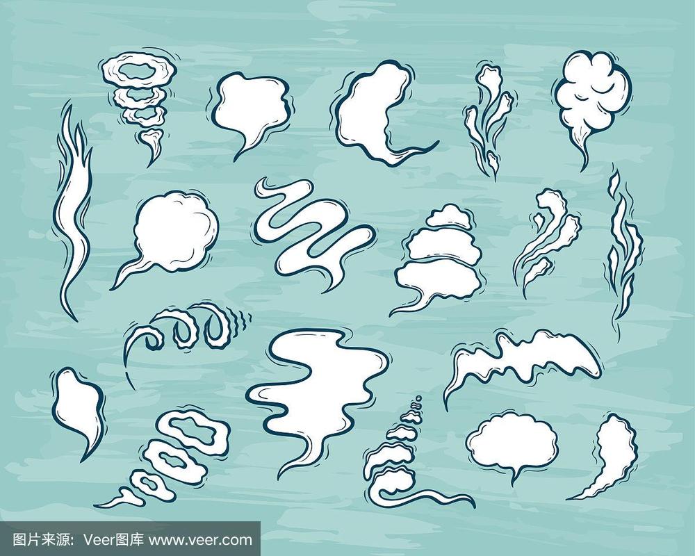 蒸汽云向量集.手绘的烟,云,雾或蒸汽