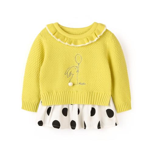 棉果果秋季新款1-5岁儿童毛衣拼接女宝宝针织衫套头女童毛衣(100 黄色