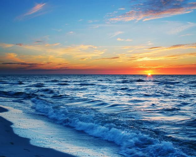 日落大海沙滩,海浪,蓝色,橙色的天空 壁纸 - 1280x1024