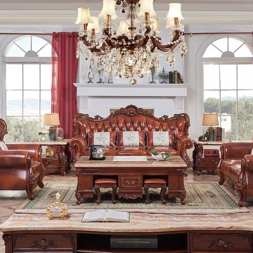 欧式真皮沙发123组合客厅别墅复古实木雕花高档奢华橡木家具