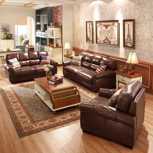 林氏木业美式真皮沙发头层牛皮三人复古客厅沙发组合2070