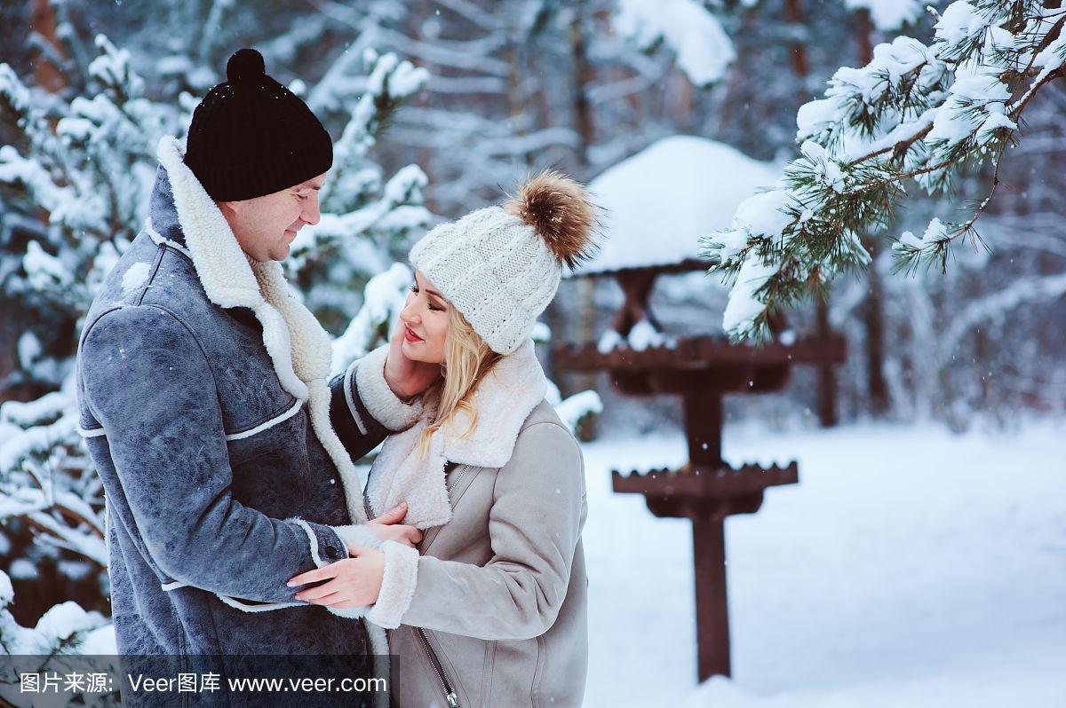 冬天的幸福浪漫的夫妇拥抱和看对方在下雪的天户外