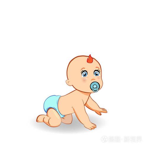 矢量卡通插图可爱爬行婴儿男孩在蓝色尿布与奶嘴.
