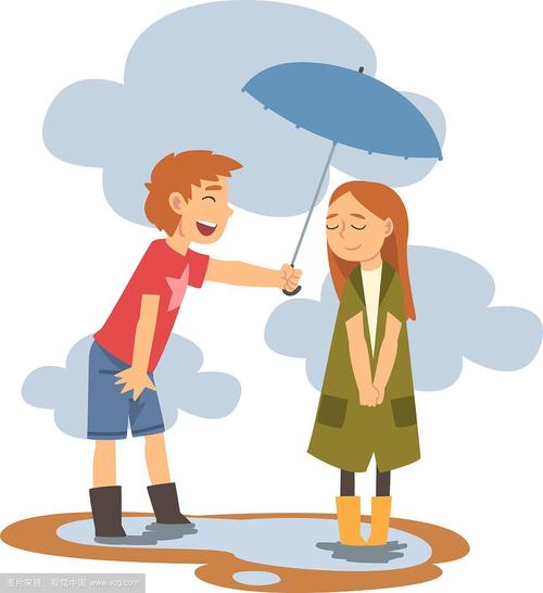 男孩在雨天为女孩打伞