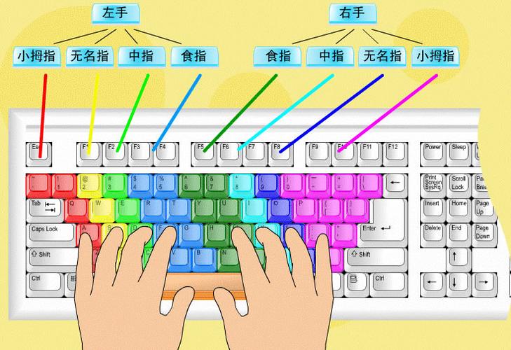 请大家仔细观察,哪个手指对应的是键盘上的哪些按键,本电脑键盘指法图