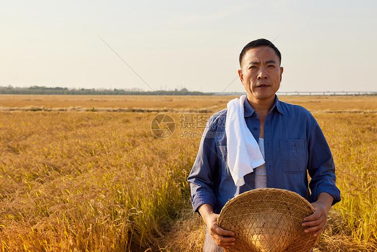 高清照片下载,该高清照片标题为稻田里拿着草帽的农民形象,编号
