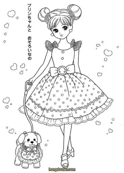 穿着波点小裙子的小公主去遛狗在线涂色图片大全
