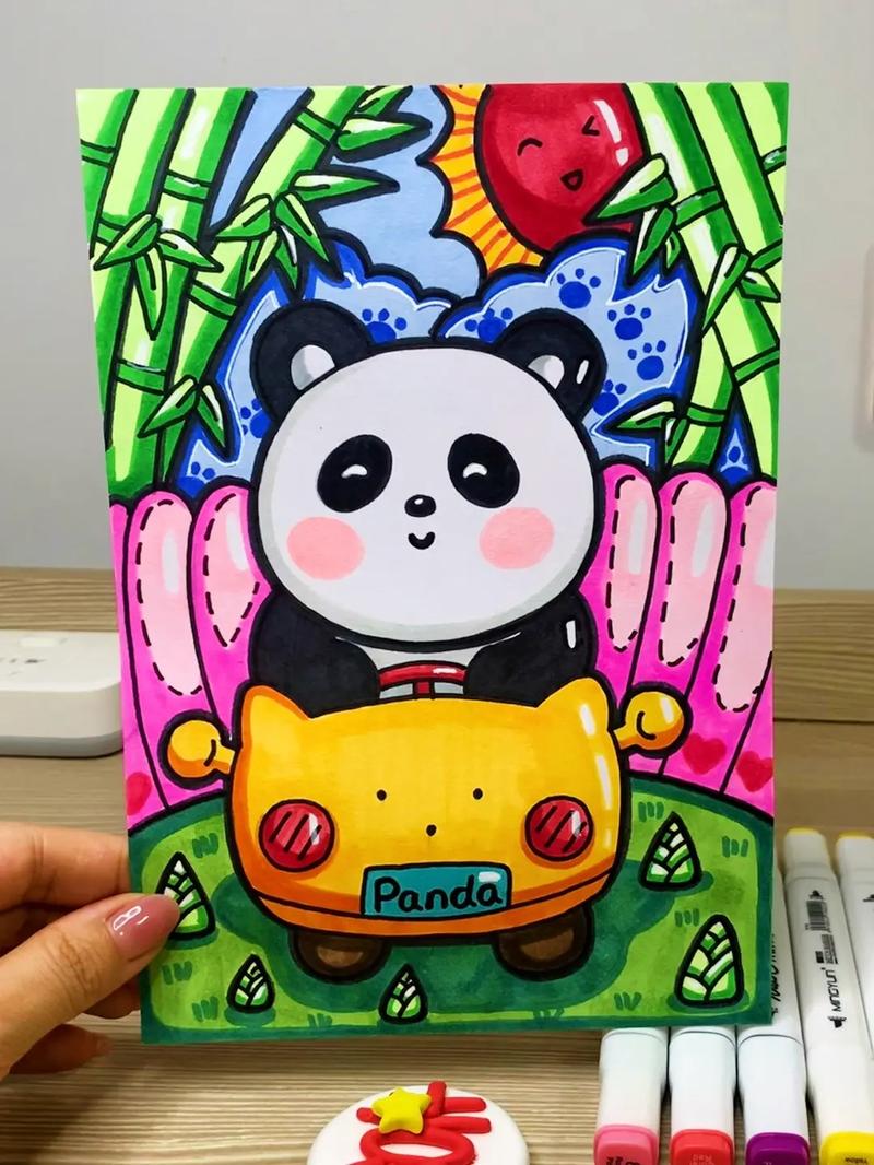 开车的熊猫马克笔手绘卡通儿童画附色号