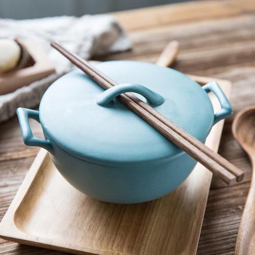 摩登主妇日式磨砂系列双耳碗泡面碗带盖陶瓷汤碗拉面碗大容量沙拉