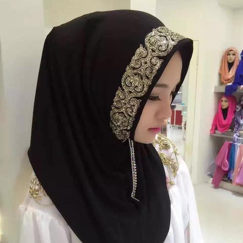 穆斯林_穆斯林头巾 点钻沿边套头款 女 夏季纱巾回族民族风盖头多色