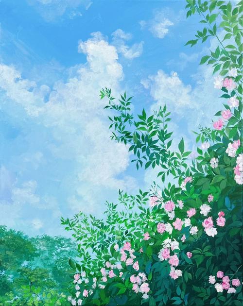 小清新风景画蓝天白云与绿叶
