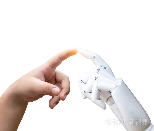 机器人人工智能未来的转折儿童人手手指命中机器人手按或白色背景