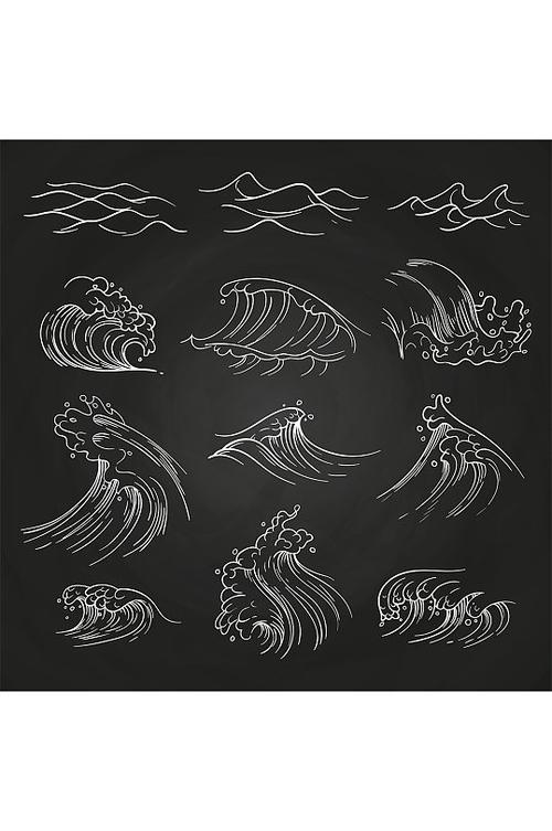 黑白手绘海浪线条免扣元素蓝色浪花展板-众图网