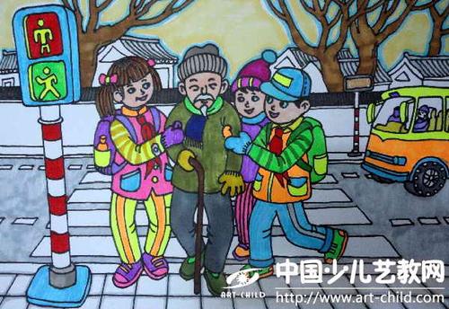 儿童画-扶老人过马路-《少儿画苑》第21届国际少儿书画大赛获奖作品