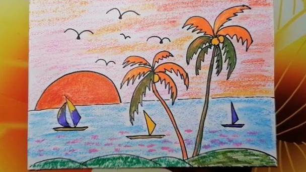 涂色海滩游玩儿童画关于海边的简笔画图片_巧巧简笔画海边风景简笔画
