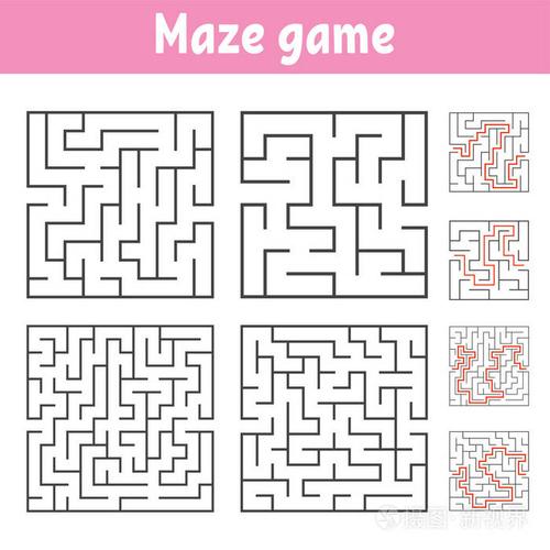 各级难度的正方形迷宫孩子们的困惑一个入口一个出口迷宫难题在白色