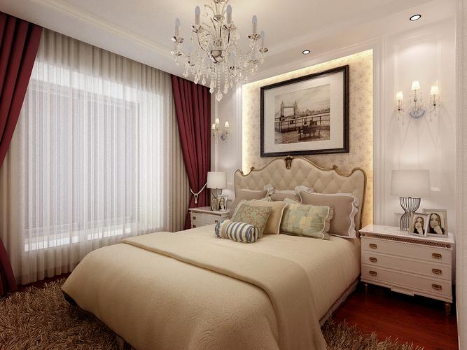 主卧室床头背景墙采用凹凸造型,加入灯槽造型,白色墙面跟壁纸形成层次