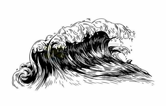 滔天巨浪海浪浪花手绘黑色插画7467477矢量图片免抠素材