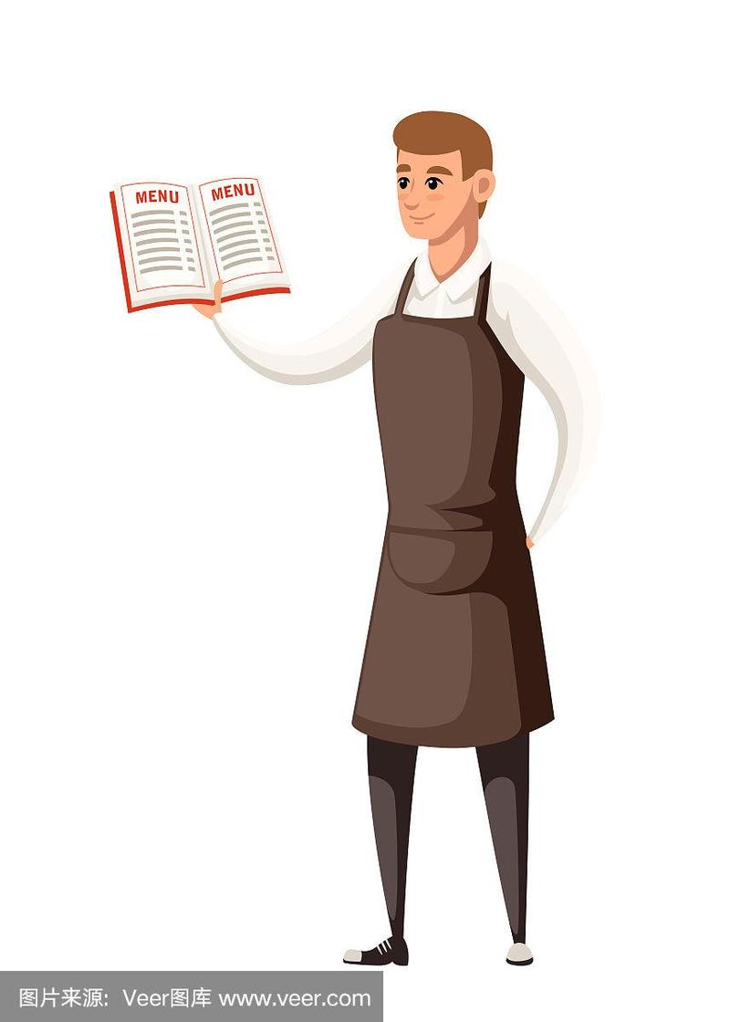 服务员穿着制服拿着菜单书.卡通人物设计.平面矢量插图孤立在白色背景