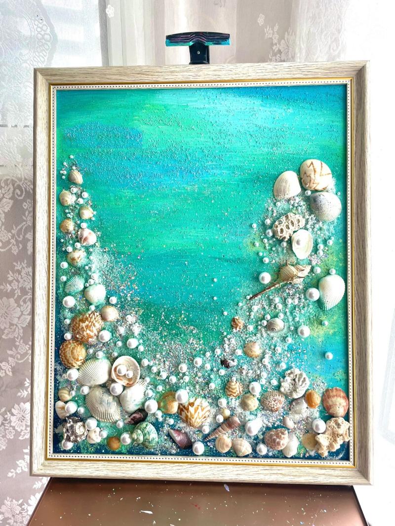 贝壳丙烯肌理画96夏天带你去看薄荷味的海98 这幅画是一位粉丝