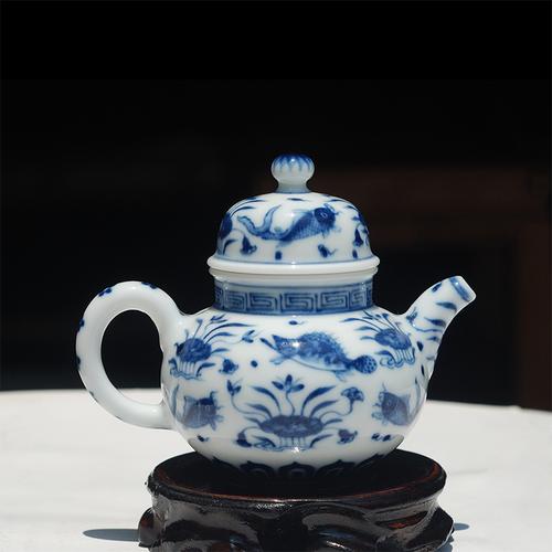 茶具青花清雨手绘鱼藻茶壶景德镇手工瓷器普洱茶壶
