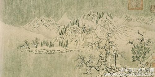 【唐 王维 《长江积雪图》 】卷,绢本设色,28.8×449.