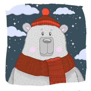 可爱的熊在夜里戴着帽子和围巾.手绘插画动物照片