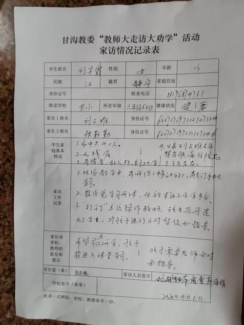 这是刘早霞同学的家访记录表.