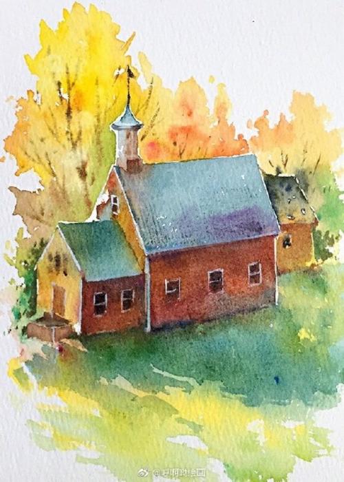 快速用水彩画出一个小房子一个简单的水彩小房子上色步骤图片