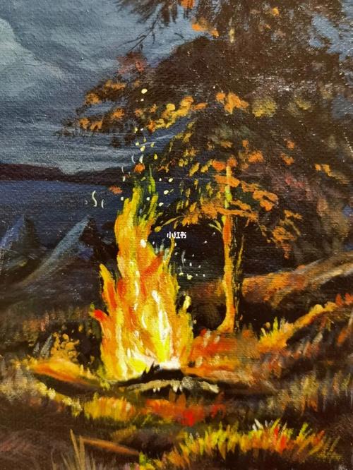 夜幕下的篝火风景丙烯纯手绘
