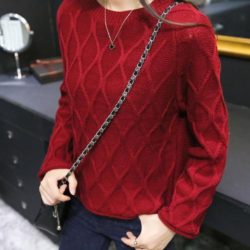 韩国麻花菱形编织圆领长袖女毛衣洋气套头气质女上衣