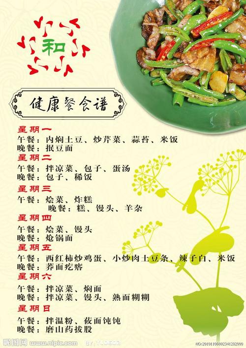 健康餐食谱星期一午餐:内焖土豆,炒芹菜,.