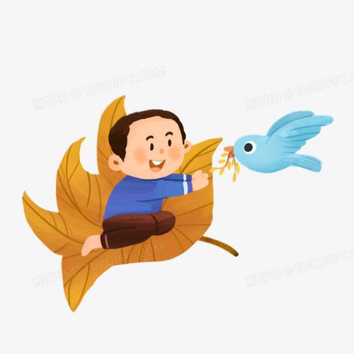 手绘小男孩坐树叶上与小鸟互动元素