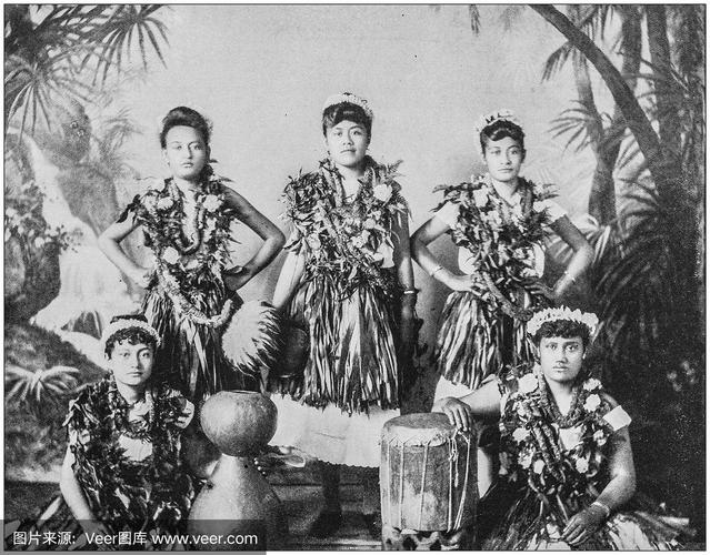 美国著名风景的古老照片:夏威夷土著女孩