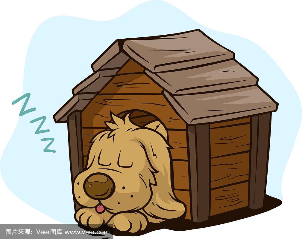 卡通可爱的狗在木制的狗窝里睡觉