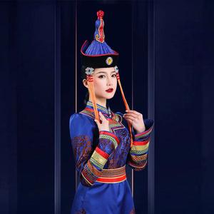 蒙古族女民族刺绣长袖长裙蒙古绣花民族舞蹈演出服蒙古袍服饰定制