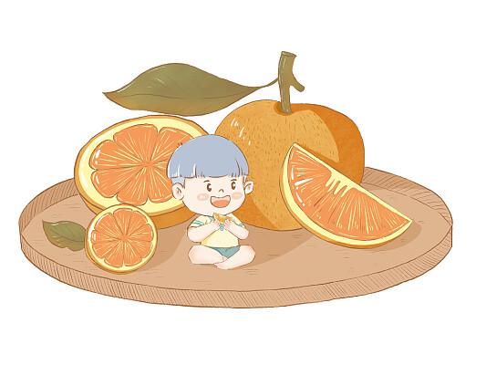 小孩儿坐着吃橘子卡通立秋元素橘子秋天png元素